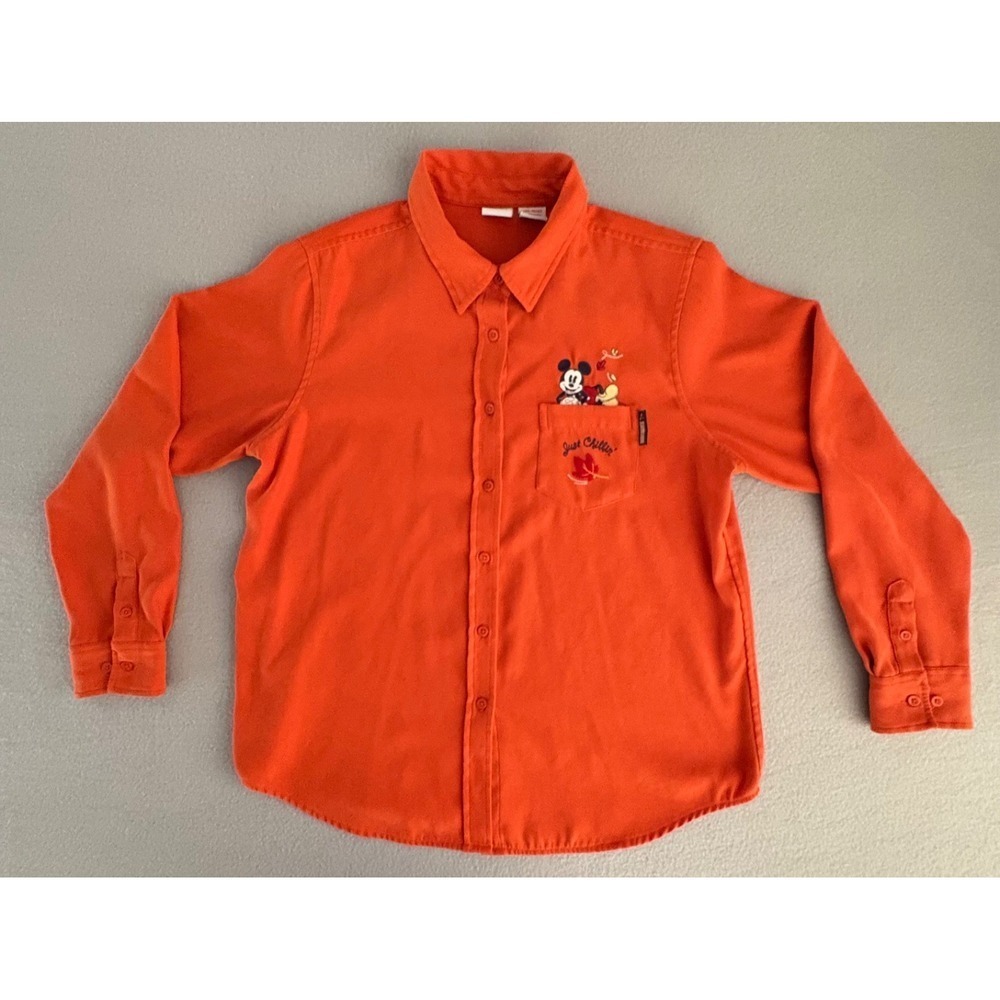 VTG Y2K Disney Mickey Mouse Just Chillin Large Rust Orange ButtonUp Shirt EUC